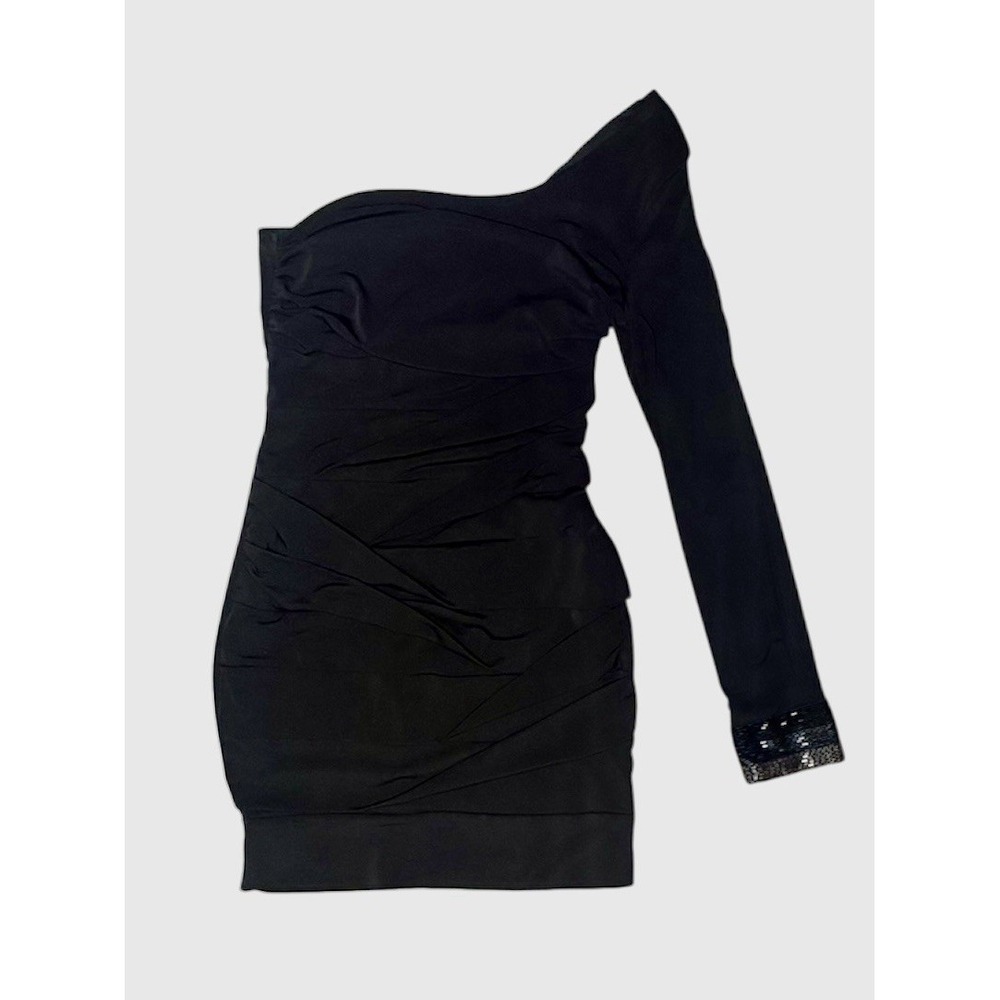 Black One Shoulder Ruched Mini Dress Bodycon Slim Fit Y2K Party Clubwear Size L